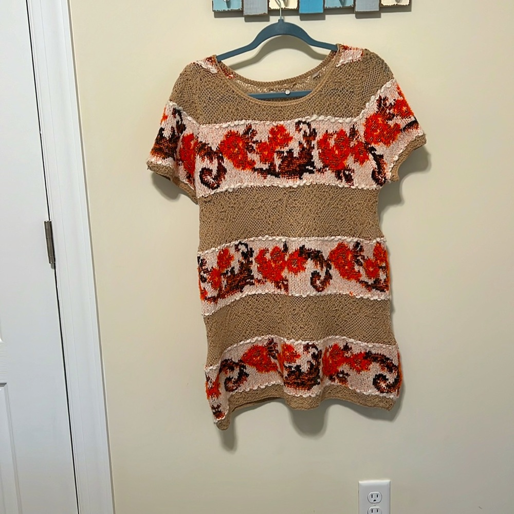 Anthropologie Women’s Knitted and Knotted Boho Sweater / Size L / Tan and Orange
